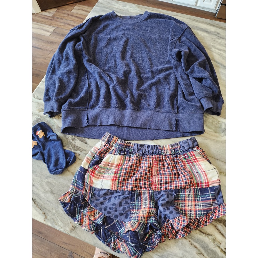 Aerie Navy Blue Oversized Pullover & Patchwork Ruffle Shorts Pajama Set L/M